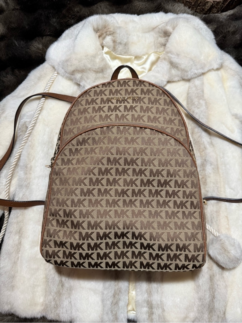 Michael Kors Brown MK Monogram Backpack with Leather Trim